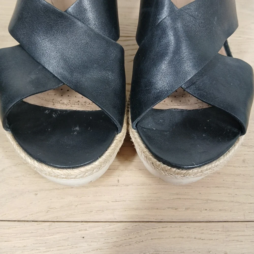 Clarks Sandals Womens 8 Black Leather Espadrille Wedge Boho Comfort Resort Chic